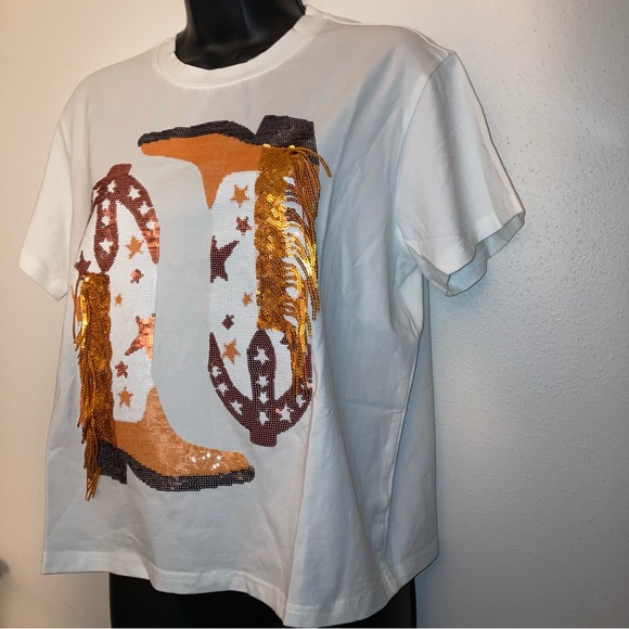 QUEEN OF SPARKLES Orange White Sequins Western Fringe Cowboy Boots Cowgirl Shirt - Picture 8 of 17